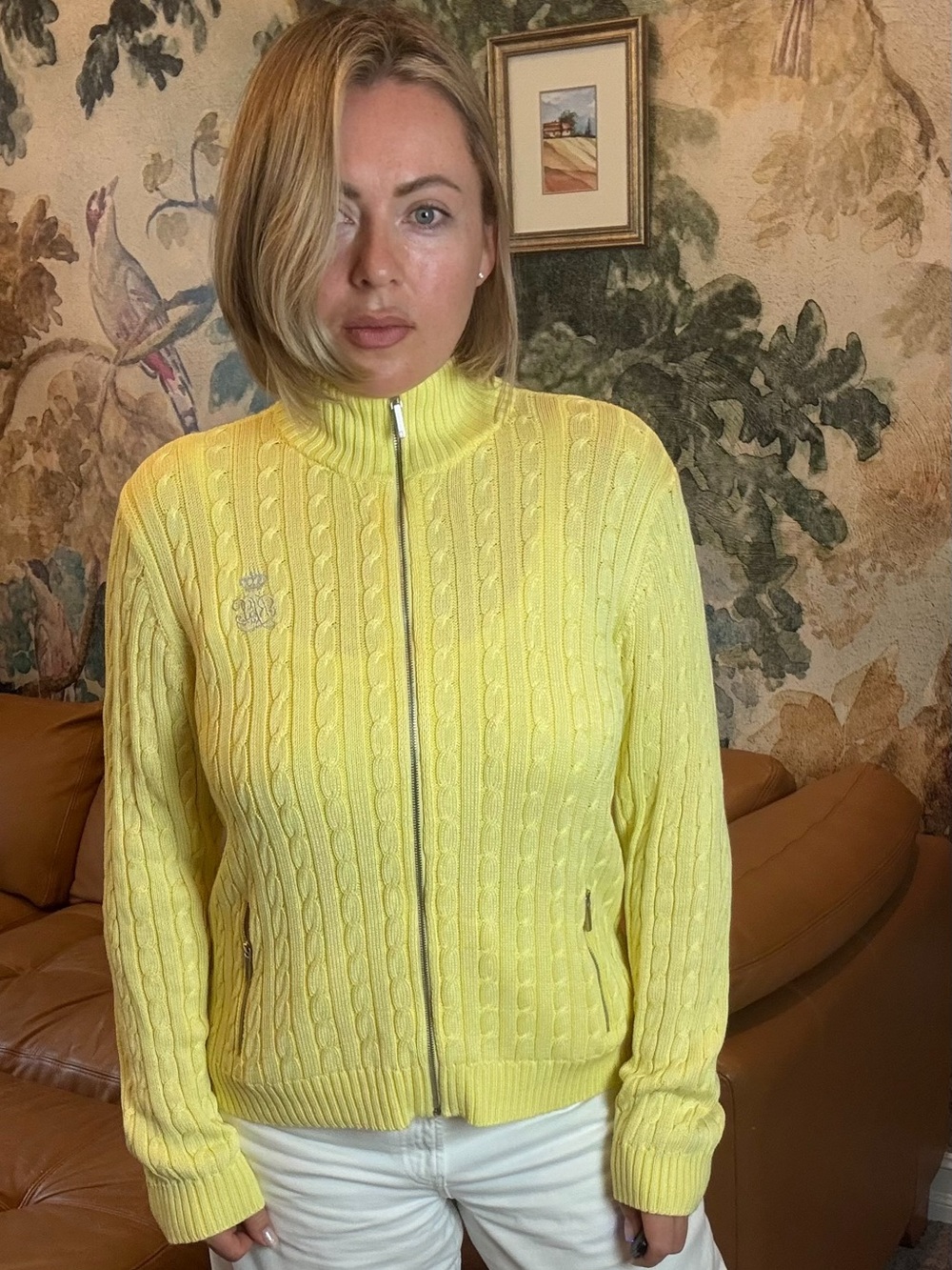 Lauren Ralph Lauren Yellow Cable Knit Full Zip Sweater Cardigan Crest Women M - Picture 3 of 11